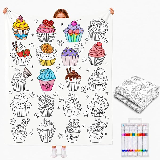 VEELU DIY Cupcake Coloring Blankets with 24 Colors Markers for Adults | Color In Your Own Blankets With 24 Colors Markers, Snuggle Color Sketch Washable Blankets Kit Home Decor