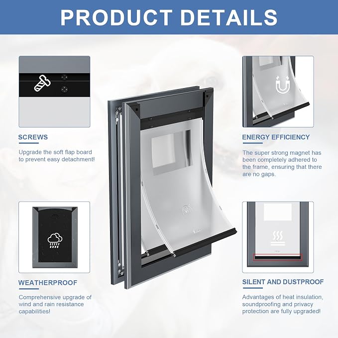MAVRICFLEX Heavy Duty Aluminum Dog Door for Door, Large, Dark Gray | Large Dog Door with 2 Sliding Lock Panels & Magnetic Soft Flaps, Energy Efficient Design for large Dogs Up to 90 LBS