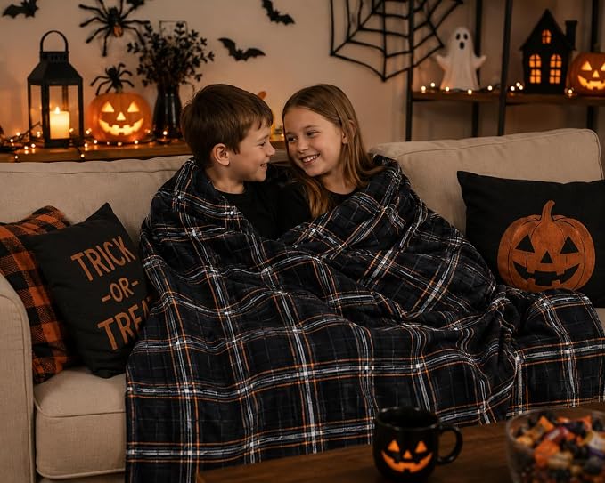 Halloween Fall Fleece Throw Blanket, Black White Orange Plaid, 50x60 | Ultra-soft cozy flannel fleece, for sofa bed couch chair & dorms, spooky Halloween décor, durable and machine washable.