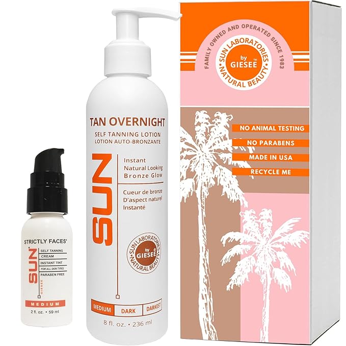 Sun Laboratories By Giesee Self Tanning Kit with 8 oz Tan Overnight Self Tanning Lotion and 2 oz Sunless Tanning Face Cream - Odorless, Non-Toxic Self Tanner for Fair to Medium Skin