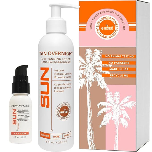 Sun Laboratories By Giesee Self Tanning Kit with 8 oz Tan Overnight Self Tanning Lotion and 2 oz Sunless Tanning Face Cream - Odorless, Non-Toxic Self Tanner for Fair to Medium Skin
