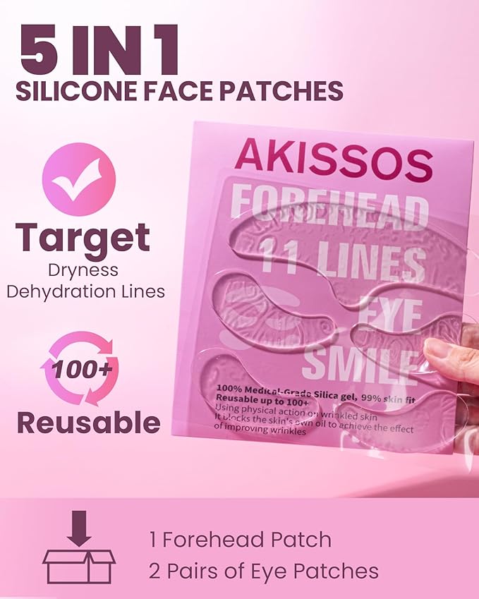 Akissos 5PCS Silicone Facial Wrinkle Patches,Super Hydration Forehead Wrinkle Patches,Anti Wrinkle Patches to Smooth Under Eye,Smile Line Patches Overnight,After Skin Care,Birthday Gifts for Women/Men