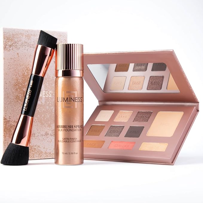 LUMINESS Face Time All In One Makeup Kit - Includes Face Palette, Airbrush Foundation, and Makeup Brush - Long-Wearing, Silky, Soft, Easy to Blend, 3-PC Make Up Set (02 - Fair)