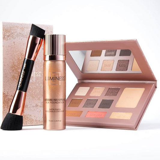 LUMINESS Face Time All In One Makeup Kit - Includes Face Palette, Airbrush Foundation, and Makeup Brush - Long-Wearing, Silky, Soft, Easy to Blend, 3-PC Make Up Set (04 - Medium)