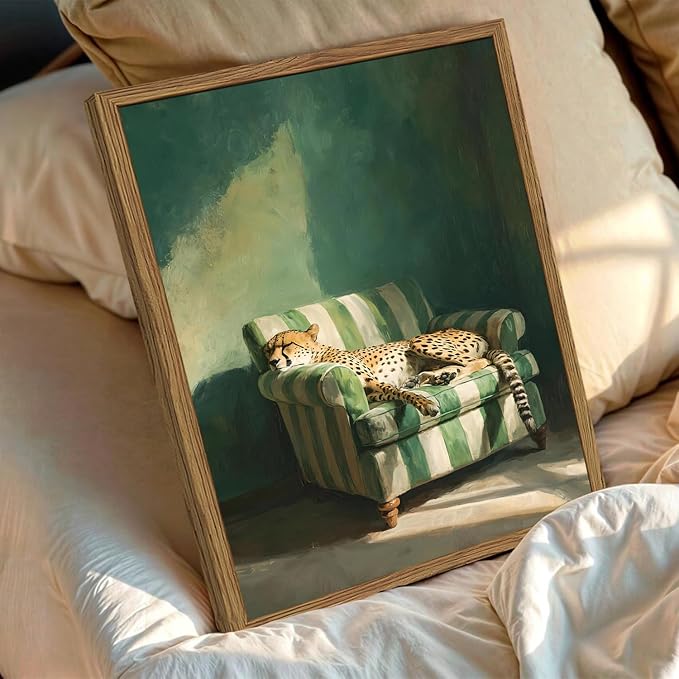 Framed Funny Leopard Canvas Wall Art, Vintage Sleeping Cheetah on Sofa Pictures Wall Decor, Eclectic Animal Paintings Canvas Prints Whimsical Home Decor for Living Room Bedroom 16x24 inch