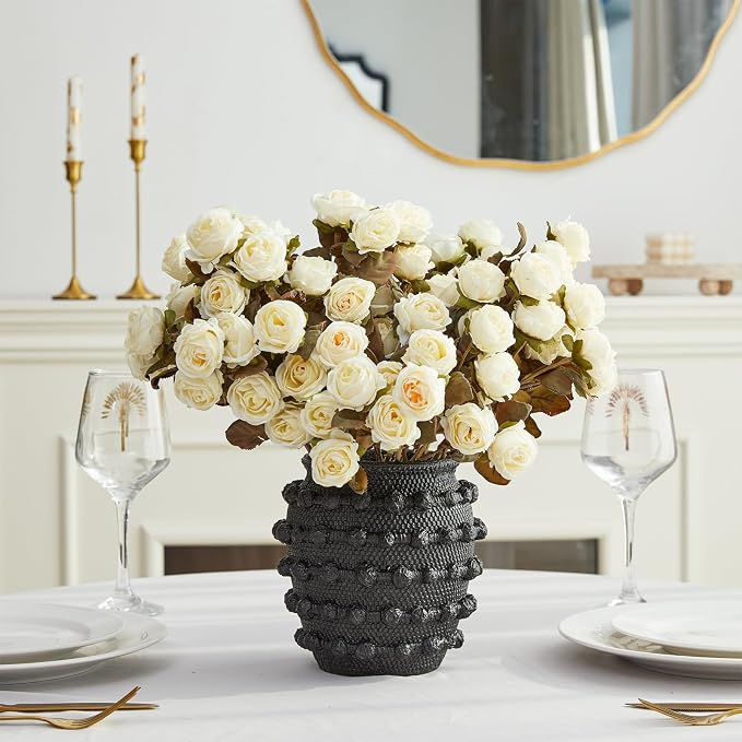 DN DECONATION Black Rustic Farmhouse Vase, 6.3" Flower Vase for Home Decor | Textured Boho Vase, Cement Decorative Flower Vases with Rope Knots for Living Room, Table Centerpiece, Shelf, Mantel Decor