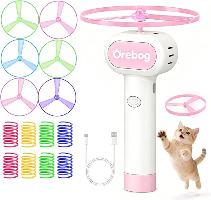 Cat Toy Disc Launcher,Rechargeable Interactive Cat Fetch Toy with 6 Discs | Cat Toys for Indoor Cats with 8 Coil Spring Toys,Flying Cat Enrichment Toys for Adult Kittens Dog Playing,Fun Toy for Outdoor