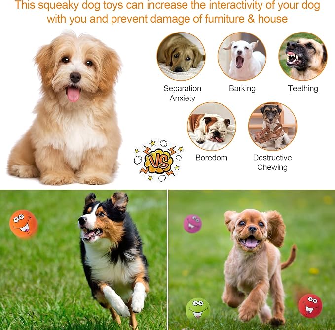 Squeaky Dog Toys Chewing Durable Teething Latex Rubber Soft Interactive Fetch Play Dog Balls with Funny Smile Face for Puppy Small Medium Pet Dog (6PCS)
