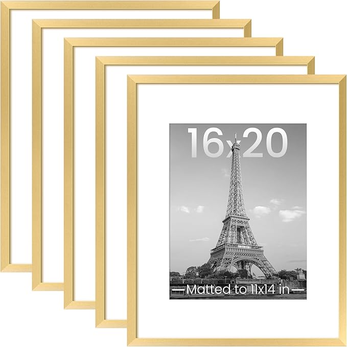 upsimples 16x20 Picture Frame, Gallery Wall Frames Set of 5, Gold | Poster Frame Collage Wall Decor, 11x14 Picture Frame with Mat for Family, Baby, Wedding, Hallway, Christmas