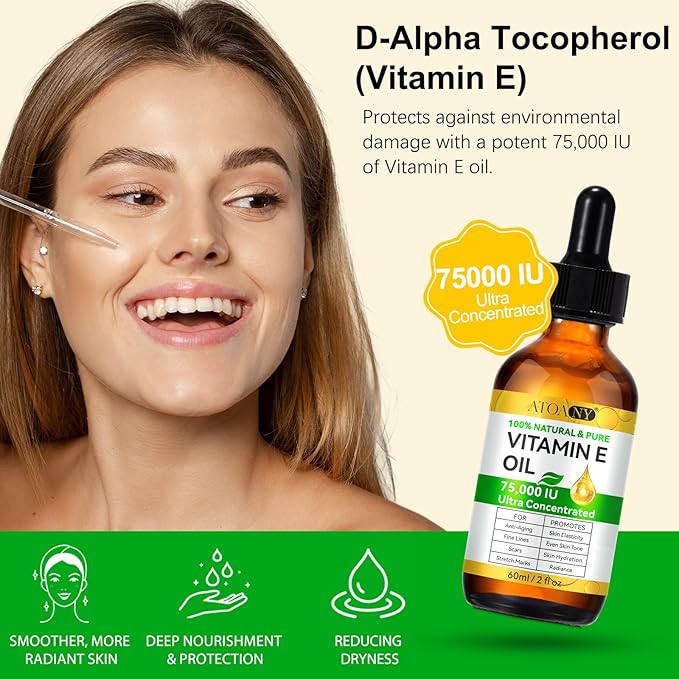 flasture Vitamin E Oil for Skin 75,000 IU – 2 Pack Vitamin E for Face, Hair, Scars, Nails, Ultra-Hydrating Body Oil for Dry Skin Wrinkles,Cold-Pressed, Non-GMO, Skincare Formula –2 Fl Oz