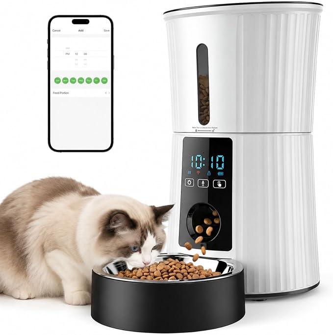 NEWBULIG 4L Automatic Cat Feeder with APP, 2.4G WiFi Pet Feeders - White | Applicable for Dry Food, 19.5 Cups, Programmable Schedule, 10 Meals/Day, 50 Portions/Meal, 10s Voice Recorder, Dual Power