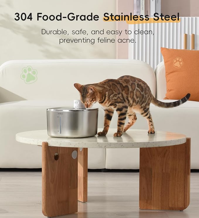 Cat Water Fountain Stainless Steel, 138fl.oz / 4.1L Cordless Cat Fountain | Wireless Pet Fountain; 4000mAh Battery; Indoor; Triple Water Modes; 25 dB Ultra-Quiet