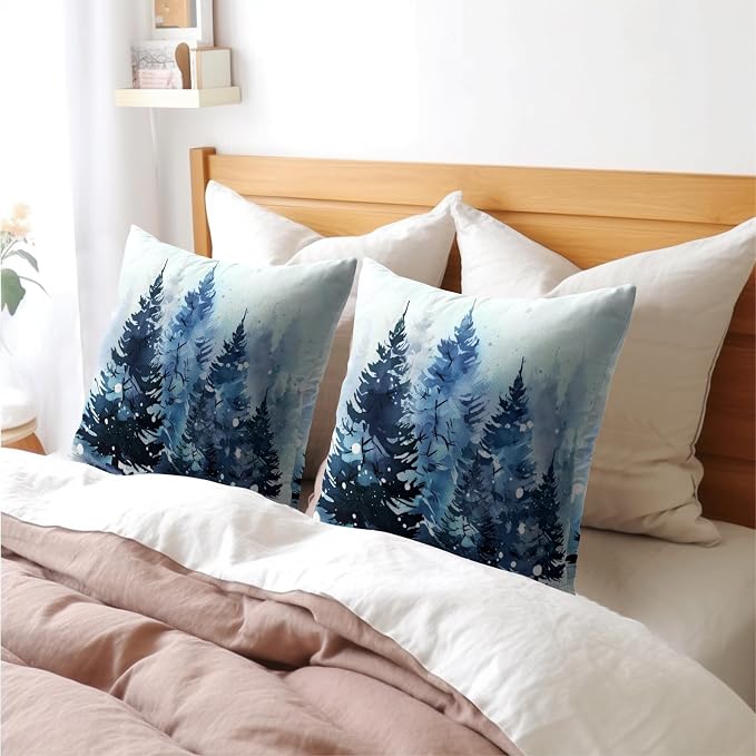 Kawani Winter Blue Forest Pillow Covers 22x22 Inches, Set of 2 Snowflakes Pine Trees Xmas Decorative Cotton Linen Cushion Case Pillowcase for Couch Sofa Bed Living Room Home Decor