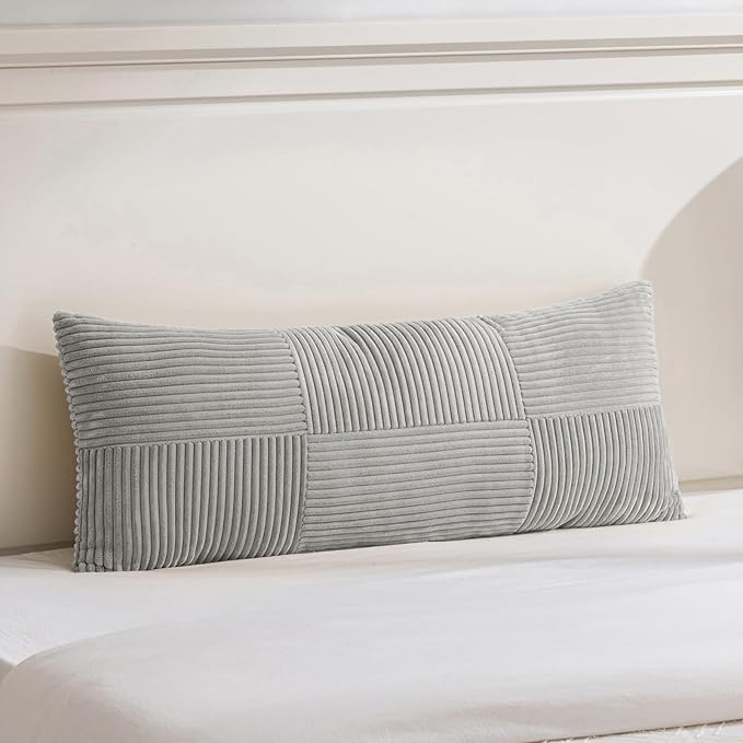 Fancy Homi Set of 1 Grey Boho Long Lumbar Body Decorative Throw Pillow Cover 14x36 Inch for Bed Couch Bedroom Bench, Soft Patchwork Corduroy Textured Pillow Case, Rustic Farmhouse Room Decor