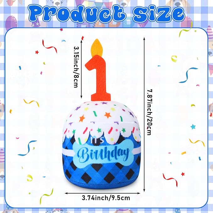 Dansydaisy Dog Birthday Cake Toy Squeaky Plush Gift,1st,Blue Grid