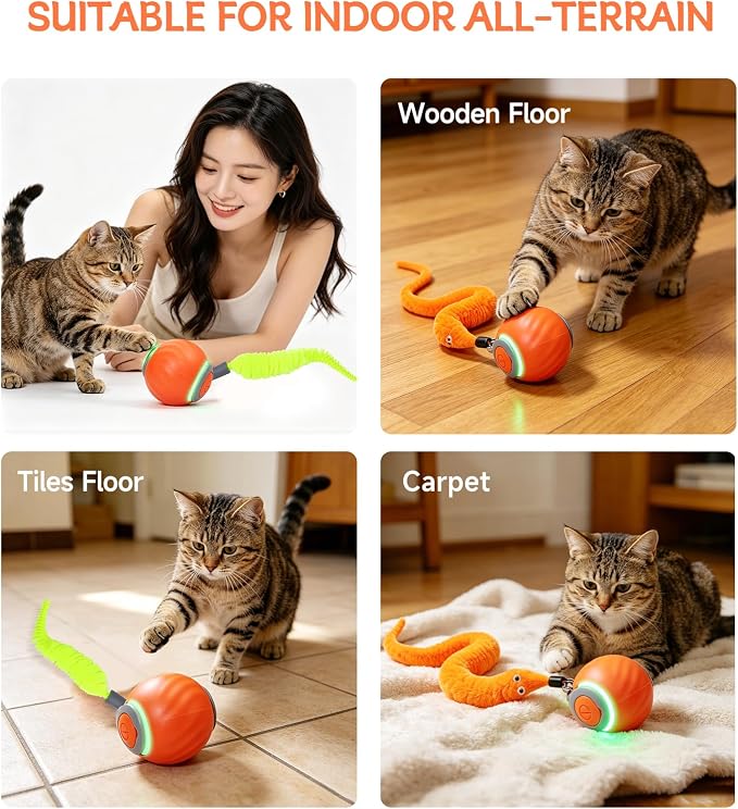 Interactive Cat Toy Ball - Automatic Moving Cat Ball for Indoor Cats with 3 Tails, Rechargeable Silent Kitten Toy for Boredom & Exercise, Rolling Ball Toy with 2 Modes & 2 Speeds.