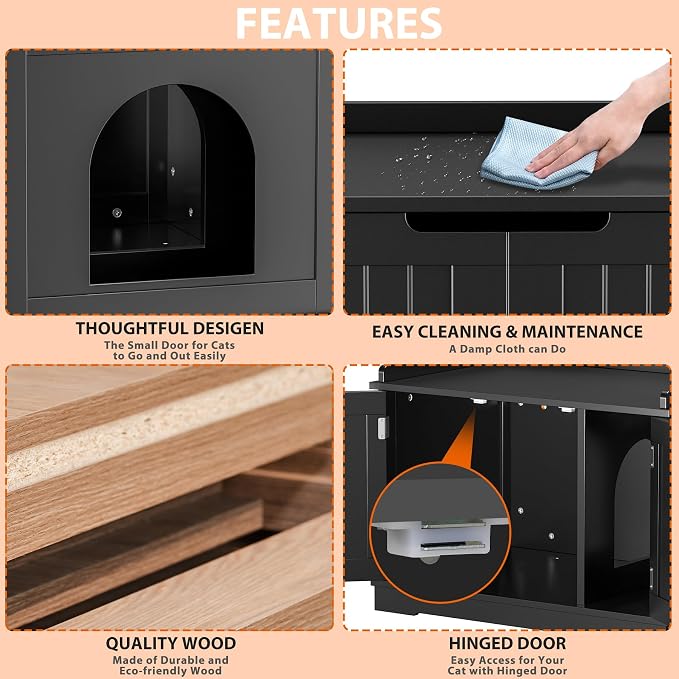 Cat Litter Box Enclosure Furniture Hidden Wooden Washroom Litter Box Cabinet, Indoor Cat House with Removable Divider, as Table Nightstand Storage Bench (Black)