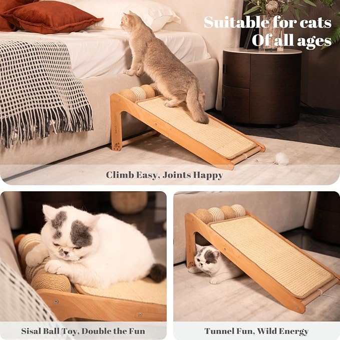 Sisal Cat Scratcher Ramp with Balls L-Shape Wooden(Upgraded) | 120° Dual-Use Cat Scratching Post. Built-In Ball Toy. Natural Sisal Scratch For Indoor. Protects Furniture. Quality Beech