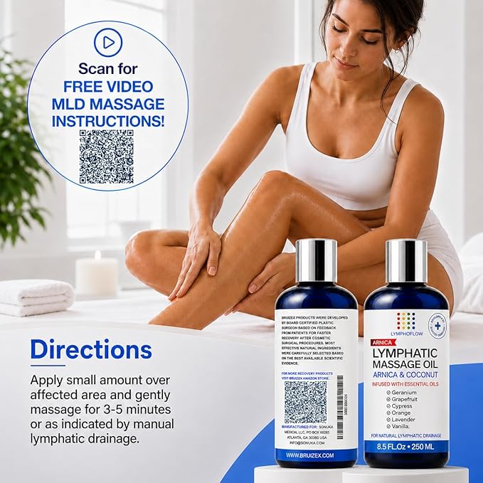 Lymphatic Drainage Massage Oil for Massage Therapy - Arnica Oil & Coconut for Post Surgery Recovery & Lymphatic Drainage Massager, Liposuction, 360 Lipo, BBL, Tummy Tuck Procedure,Moisturizing -8.5 Oz