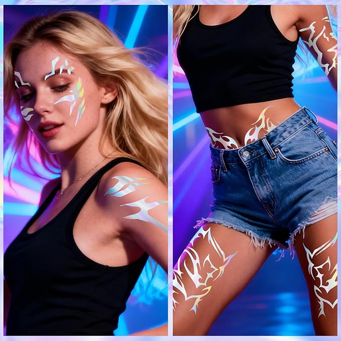 Temporary Tattoos For Men and Women - 12 Sheets Full Body Tattoos Stickers Waterproof Movie Cosplay Costume Accessories for Boys Girls Festival Party Rave Stage Makeup Decoration（Laser）