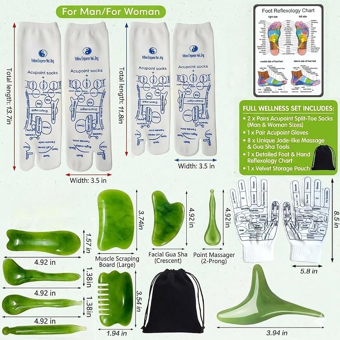 Reflexology Socks and Gloves Set with 8 Jade Massage Tools, 16 Pcs Acupressure Foot Massage Socks for Women & Men, Professional Foot Relief Massager Kit with Reflexology Chart & Bag