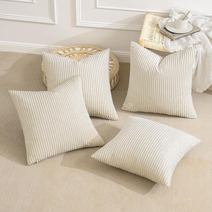 MIULEE Soft Corduroy Decorative Throw Pillow Covers Cream White 18x18 | Set of 4, Mordern Nordic Home Decor, All Same Color Set, Boho Farmhouse Cushion Covers for Couch Bed Sofa Living Room