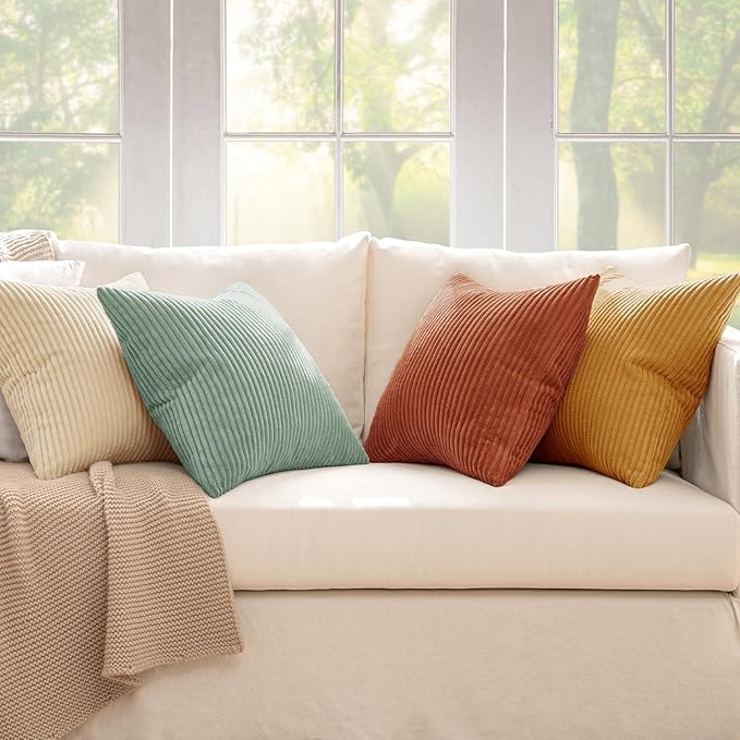 MIULEE Soft Corduroy Decorative Throw Pillow Covers Teal-Rust 18x18 | Set of 4, Mordern Rustic Home Decor, Retro Vintage Set, Boho Farmhouse Cushion Covers for Couch Bed Sofa Living Room