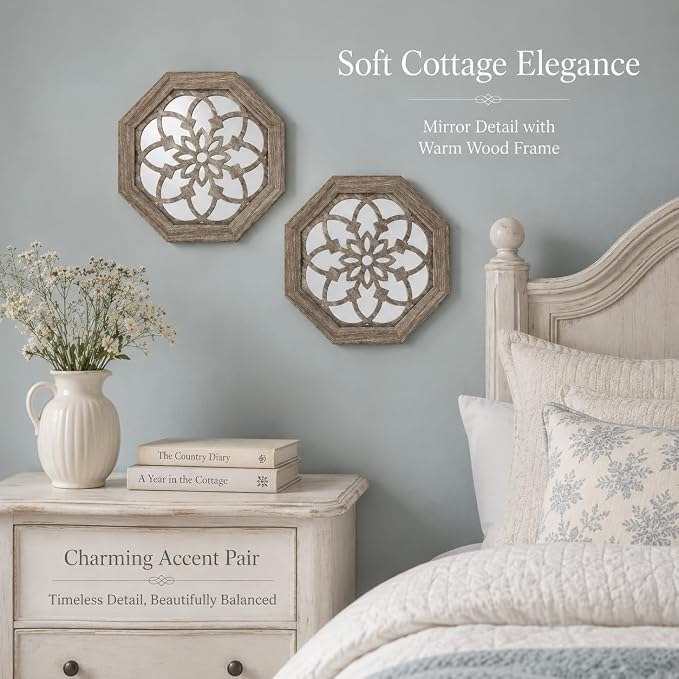 2 Pack 12 Inch Octagon Brown Rustic Wood Frame Acrylic Wall Mirrors, Farmhouse Boho Wall Art Decor for Living Room, Bedroom, Hallway, Entryway, Bathroom & Office