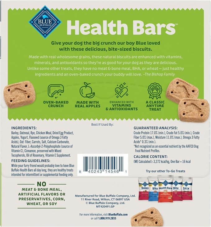 Blue Buffalo Health Bars Mini Natural Crunchy Dog Treats to-GO, Mini Biscuits, Apple & Yogurt 1-oz Bags (Pack of 12)