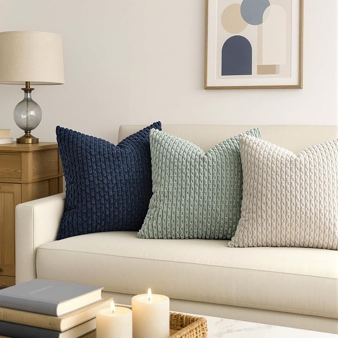MIULEE Decorative Throw Pillow Covers 16x16 Greyish Green Textured Corduroy | Pack of 2 Striped Pillow Covers Modern Farmhouse Home Decor for Couch Bed Sofa Living Room