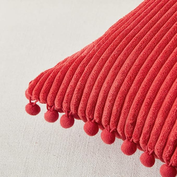 Fancy Homi Pack of 2 Boho Red Decorative Throw Pillow Covers with Pom-poms, Soft Corduroy Solid Square Cushion Cases Set for Couch Sofa Bedroom Car Living Room (20x20 Inch/50x50 cm, Christmas Red)