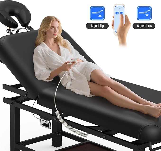 Olela Wide Electric Massage Table - Stationary Massage Table with Electric Lift and Manual Adjustable Backrest, Lash Bed with Storage, PU Leather, Metal Frame for Beauty, Massage, Tattoo