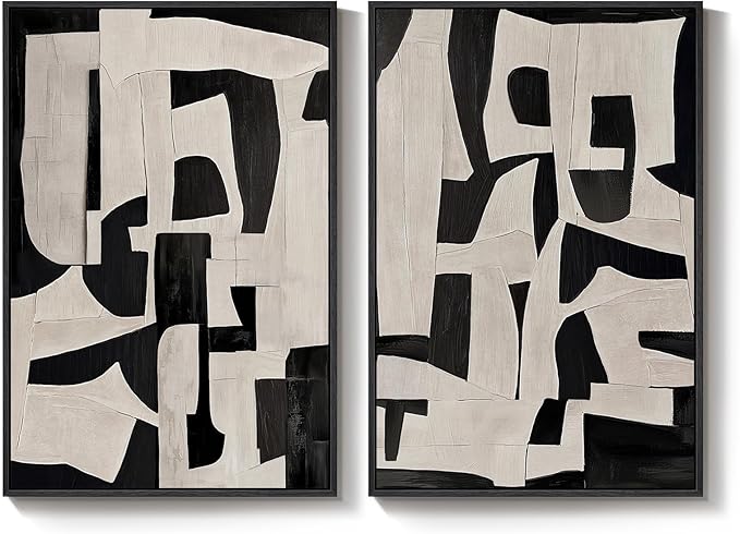Framed Black and Beige Abstract Wall Art, 2 Piece Canvas Prints Paintings Artwork for Walls, Modern Minimalist Abstract Pictures for Living Room Hallway Bedroom Office Bathroom Wall Decor 16x24 In