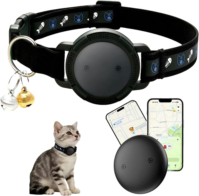 GPS Cat Tracker Collar (Android & iOS), Real-Time Activity Tracking Black | Bluetooth Smart Finder tag No Subscription, Works with Apple Find my App & Google Find Hub, Anti-Lost for Pet Items Kitten