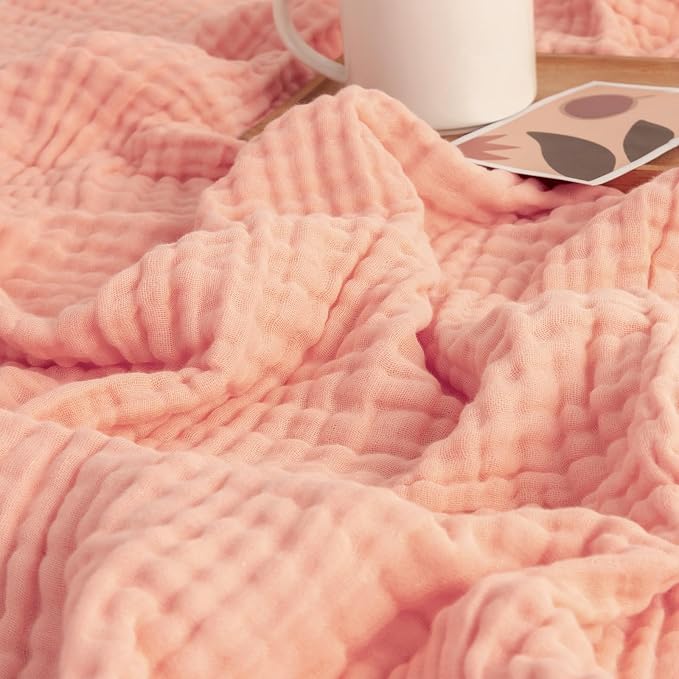 EMME Muslin Blankets for Adults Throw Blanket for Couch Breathable Gauze Soft Lightweight Airy Pink Throw 50" x 60"