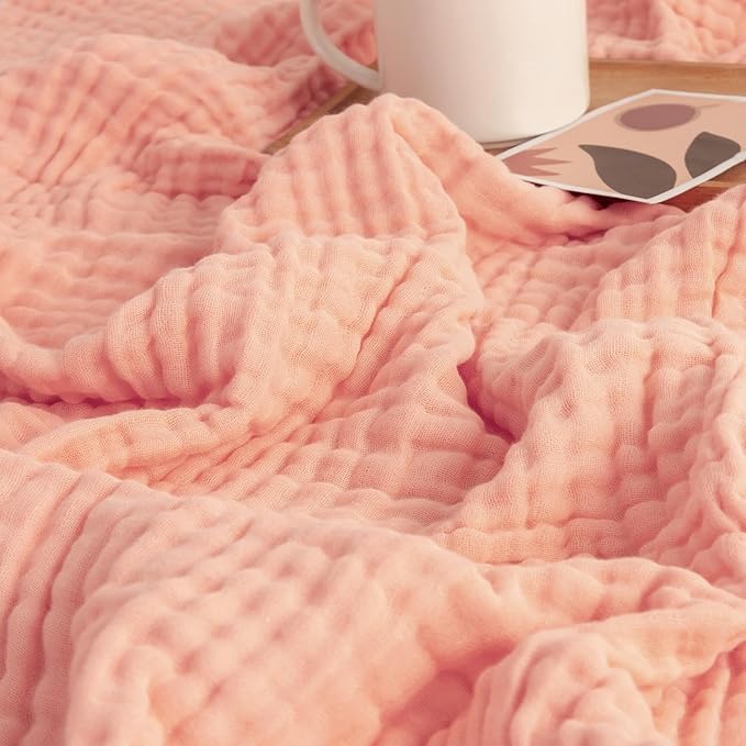 EMME Muslin Blankets for Adults Throw Blanket for Couch Breathable Gauze Soft Lightweight Airy Pink Queen 90" x 90"