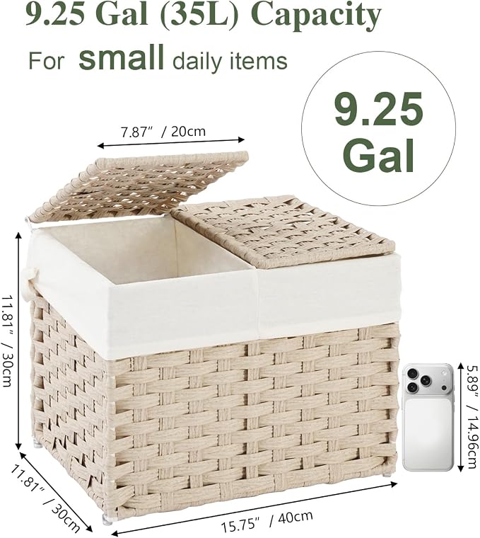 SETVSON Storage Basket with Lid, 2-Lid PE Rattan Storage Bin, Light Khaki | Dual Lid Small Items & Accessories Organizer, Divided Sock & Underwear Bin, 2 Washable Liner Bags, Small Collapsible Trunk