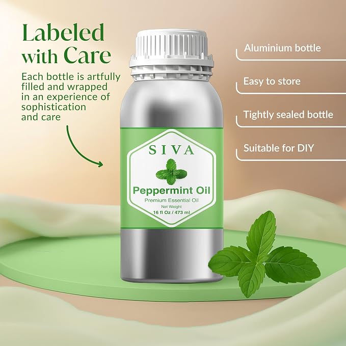 Siva Peppermint Essential Oil 16 Fl Oz – for Diffuser, Skin & Hair Care – Ideal for Aroma, Massage & DIY Blends- with Dropper