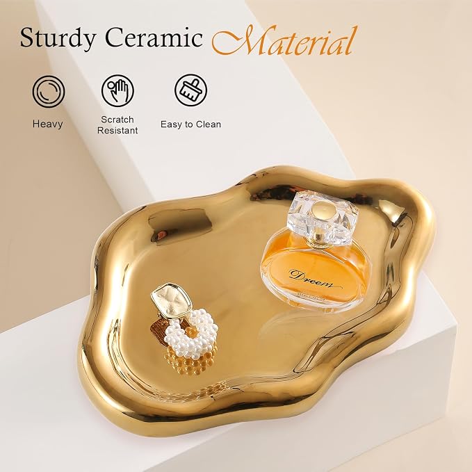 CCINPPY Ceramic Cloud Jewelry Tray Trinket Dish Key Bowl Nightstand Decor | Decorative Small Desk Tray Jewelry Plate Key Holder Bowl Cute Bedroom Room Decor Aesthetic, Gift for Women, Gold Medium