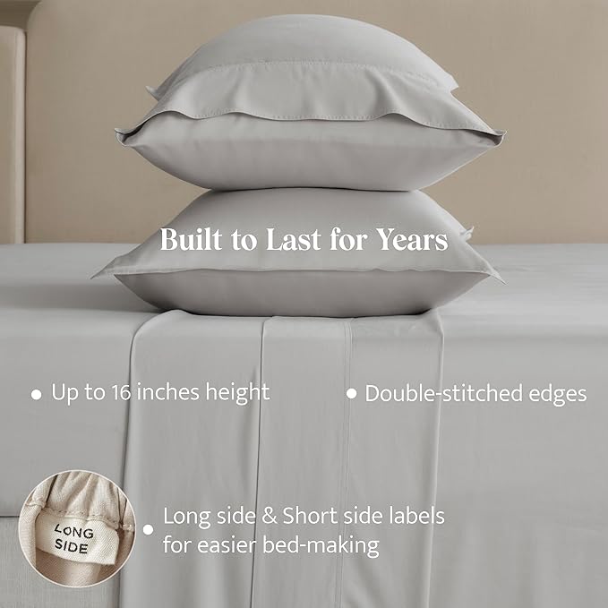 Double Stitch Cotton Tencel Sheet - Bed Sheets Set King Size, 4Pc Luxury Hotel Bedding Set, Soft, Cooling & Breathable for Hot Sleepers, Deep Pocket Up to 16 Inches, Winter Sky