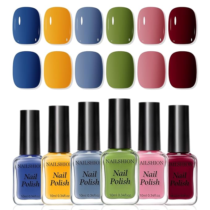 Nail Polish Set Non Gel 6 Colors Burgundy Red Yellow Green Grey Quick Air Dry Nail Polish, No-Toxic, Hema-free, Nail Lacquer Manicure Art DIY at Home Mother's Day Gift for Women