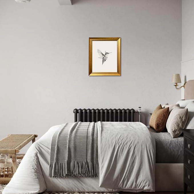 Hummingbird Sketch Wall Art Vintage Gold Framed Artworks for Wall Bird Nursery Canvas Print Neutral Minimalist Picture Painting Bedroom Living Room Decor