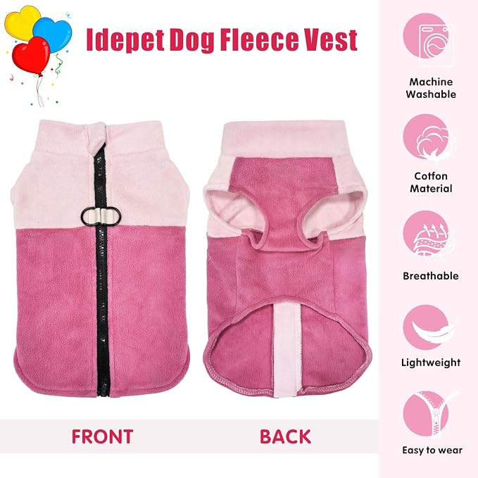 Idepet Dog Fleece Vest Sweater Zip Up Warm Pullover Dogs Jacket with D-Ring Leash Winter Cold Weater Coat Pet Sweatershirt Clothes Hoodie for Small Medium Dogs Boy Girl (Pink/Rose Red, XXS)