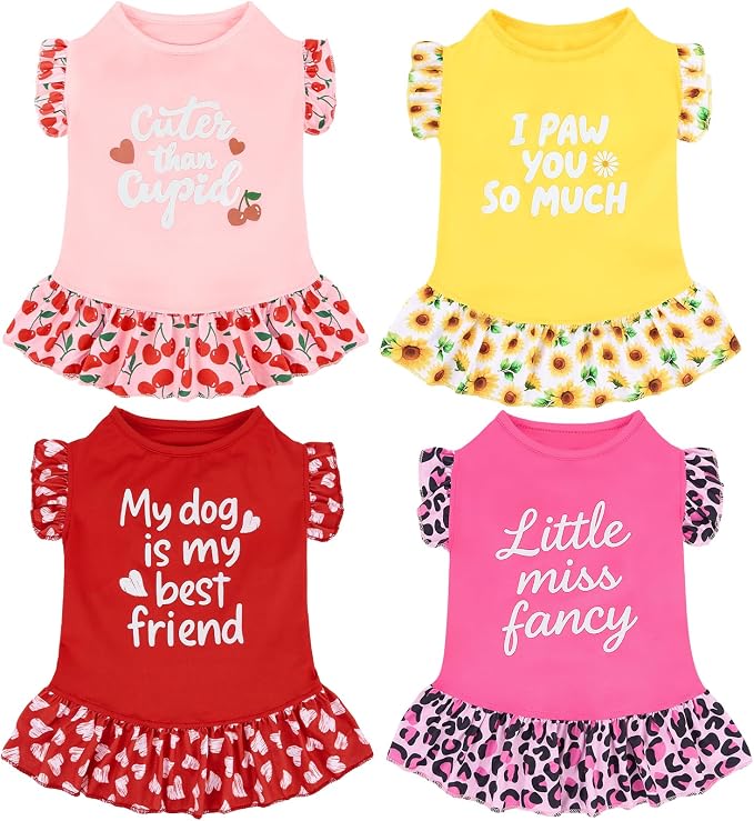 XPUDAC 4 Pack Cute Dog Dress for Small Dog, Floral Puppy Dress Sweet Girl Pet Skirt Outfits Colorful for Birthday Holiday Spring Summer Pet Clothes for Girls, S