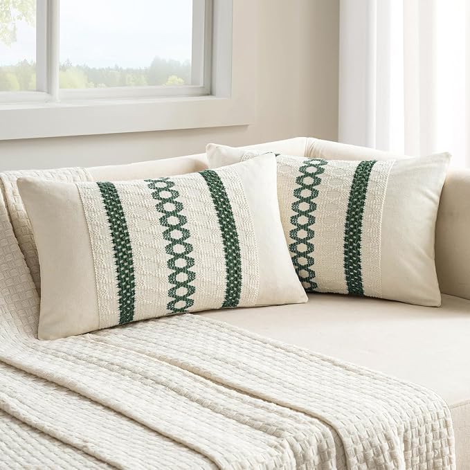 MIULEE Set of 2 Dark Green Boho Decorative Lumbar Pillow Covers 12x20 Inch | Farmhouse Couch Throw Pillows, Modern Cotton Cushion Cover, Macrame Woven Home Decor for Bed Sofa Chair