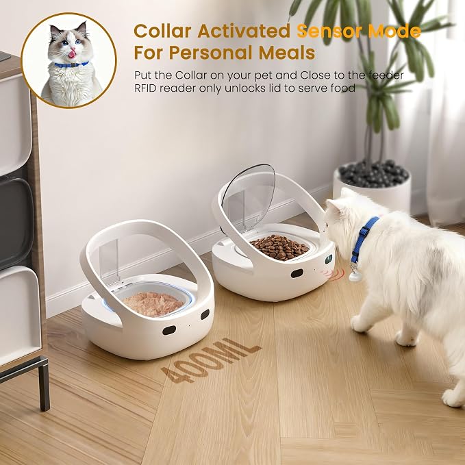 RFID Cat Feeder for Multiple Cats, Stops Food Stealing, Wet & Dry Food | RFID collar tag access, helps reduce food stealing, 1.7-cup removable bowl, 2 ice packs, USB or battery power