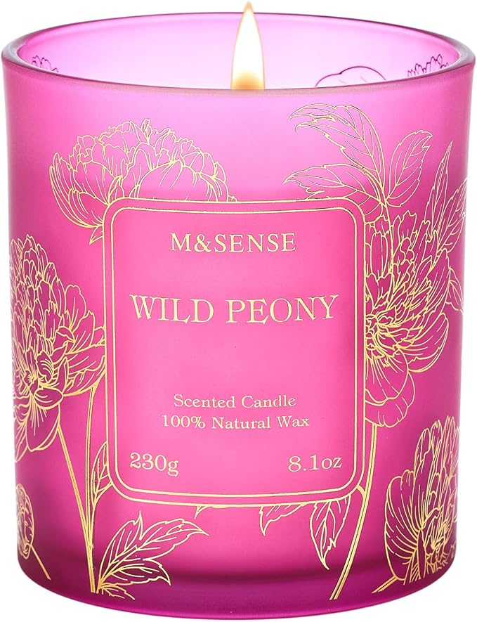 M&SENSE Wild Peony Soy Candle, 8.1oz Gilded Glass, Romantic Spa Night | 42H Long Burn, Sensitive-Safe, No Toxin, Romantic Home Fragrance, Women's Gift