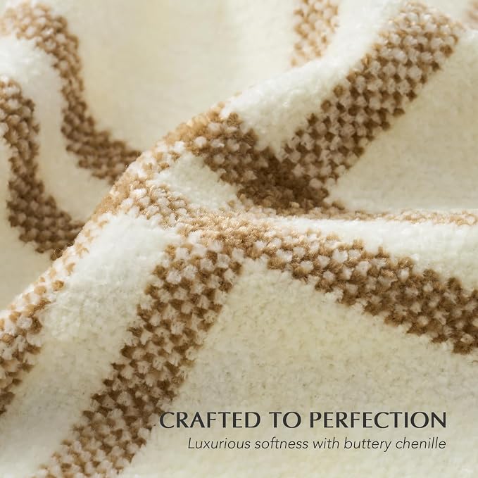 Plaid Chenille Knit Throw Blanket, 50"x60", Cream & Beige | Soft Knitted Throw with Tassels, Cozy, Lightweight, Windowpane Grid Plaid, Decorative Farmhouse Throw for Couch Bed Sofa Gift