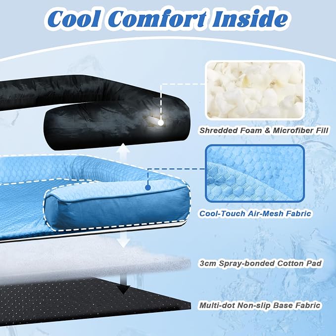 GGIB Cooling Dog Bed Mat with Bolster Pillow Washable Dog Couch Cover Breathable Summer Pet Couch Bed Protector Indoor(Extra Large, Cooling Blue)