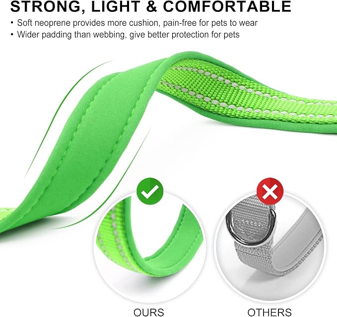 azuza Reflective Dog Collar, Neoprene Padded Medium Dog Collar, Green, M